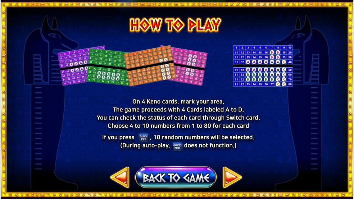 Egyptian Keno Four Card · Guide screen 3