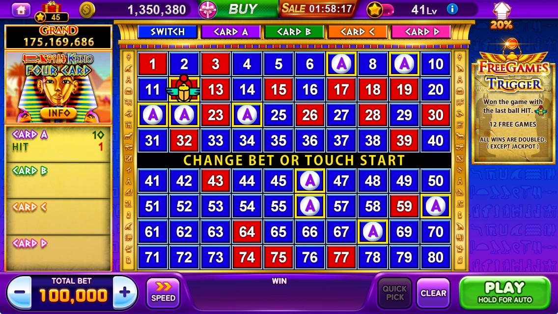 Egyptian Keno Four Card · Card A number board