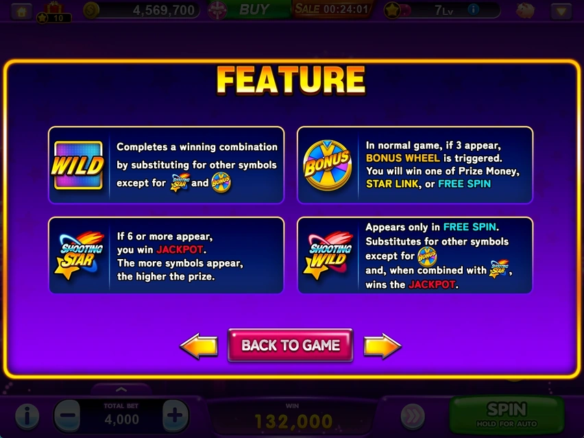 SHOOTING STAR · Special symbols and bonus wheel
