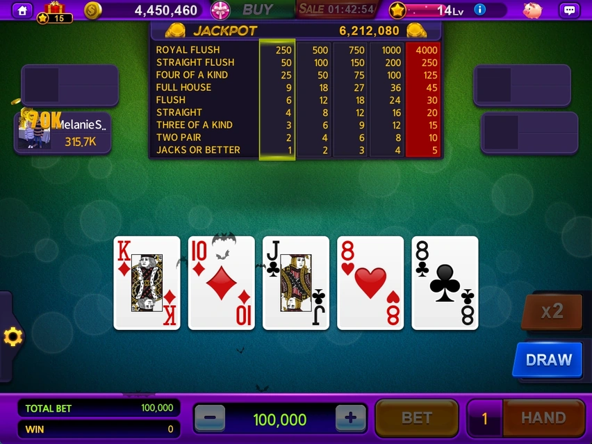Video poker · Paytable, HOLD, DRAW and bet settings