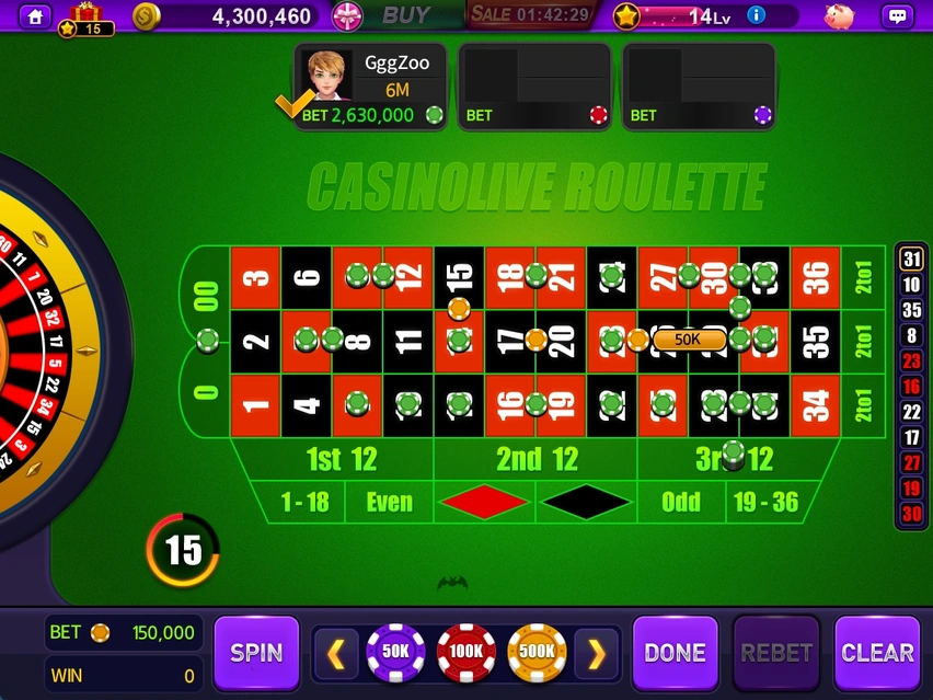 Roulette · Betting areas, timer, DONE and result history