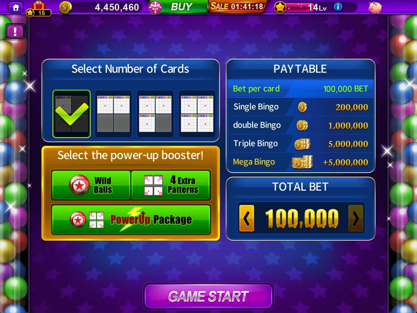 Bingo · Card count, boosters, paytable and total bet
