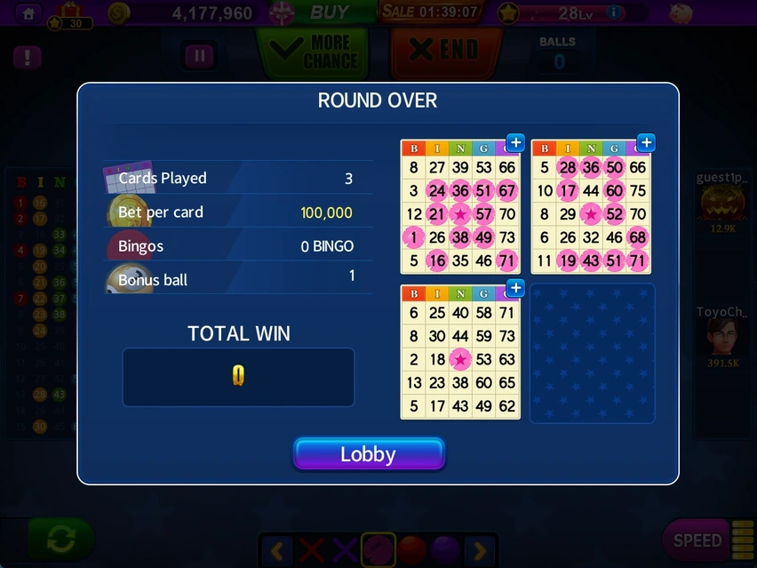 ROUND OVER · Bingo results summary